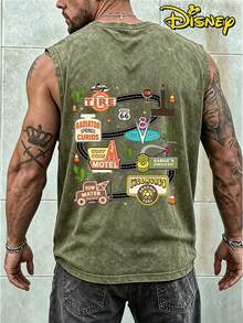 Tank Tops For Men Vintage Washed Cotton Disney Cars Lightning McQueen Radiator Springs Map Graphic Sleeveless Tee Casual Streetwear Crew Neck Muscle Tank For Summer Daily Wear - Green - View 2