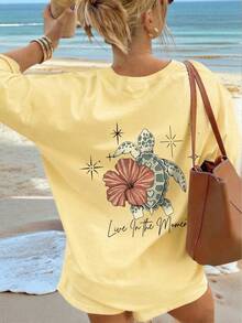 Camiseta de Verano para Mujer con Estampado de Tortugas, Flores y Letras, Casual, Holgada, de Cuello Redondo, para Vacaciones en la Playa - Amarillo - Ver 3