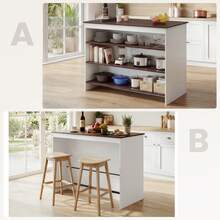 Kitchen Island With Storage, Kitchen Cabinet Island With Breakfast Bar, 3 Open Storage Shelves & Footrest, Multifunctional Sideboard For Kitchen, Dining & Living Room - Blanco - Ver 1
