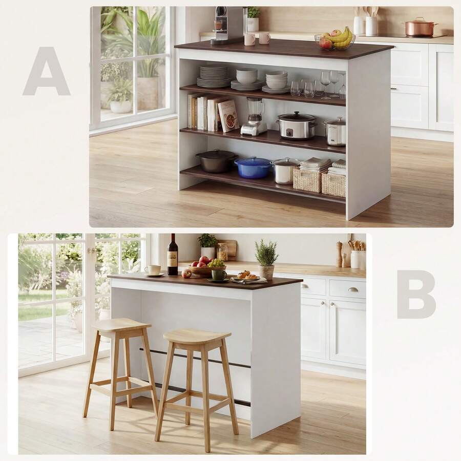 Kitchen Island With Storage, Kitchen Cabinet Island With Breakfast Bar, 3 Open Storage Shelves & Footrest, Multifunctional Sideboard For Kitchen, Dining & Living Room - Blanco - Ver 1