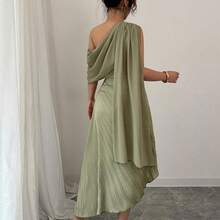 Vestido plisado sin mangas con cuello de bufanda elegante y fluido, brillante, para primavera/verano - Café integral - Ver 3