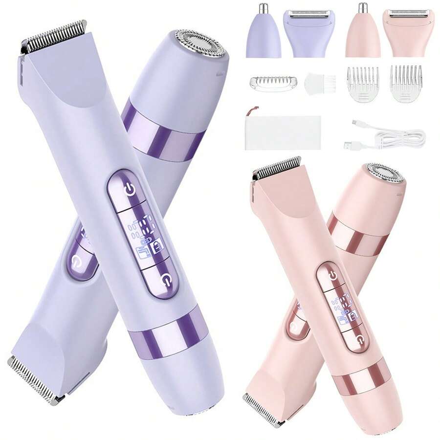 Hatteker 1pc 4-In-1 Electric Shaver With Digital Display, Washable Hair Removal Device, Multifunctional Women's Bikini Trimmer, Underarm And Leg Hair Razor Set