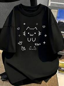 Loose Plus Size Women's Anime-Inspired Cute Cat & Text Print Oversized T-Shirt - White With Black Line Art, Short Sleeve Round Neck Casual Casual Attire, Kawaii Manga Style Loose Fit Top, Geometric Pattern Patch Print, SpringFall Layering Essential, Machine Washable - 黑色 - 查看 10