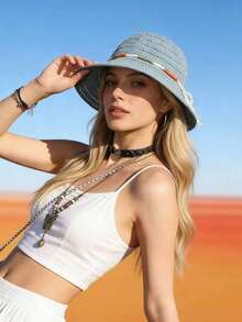1 pieza Sombrero de paja tejido hueco de ala ancha de unicolor para mujer, primavera verano otoño, moda europea & americana vintage elegante sombrero de cubo de paja, versátil para uso casual al aire libre viajes vacaciones - A - Ver 3