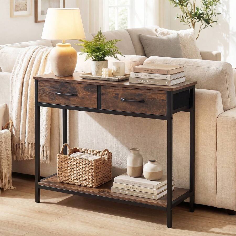 GOFLAME Narrow Console Table Small Entryway Table With 2 Fabric Drawers Modern Sofa Table With Heavy-Duty Metal Frame For Living Room, Entrance - Brown - View 1