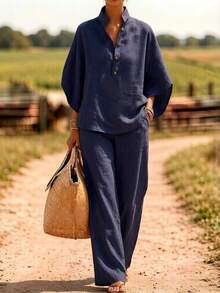 2026 Spring/Summer Casual Buttoned Shirt And Wide-Leg Pants Linen Two-Piece Set Women's Linen Two-Piece Set - Apricot - View 9