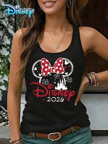 Disney Official Authorization | Women's Casual Round Neck Sleeveless Vest. With Minnie As The Theme, Paired With Polka Dot Bows And The "Disney 2026" Text Print, It Is Sweet And Full Of Nostalgia. It Is An Atmospheric Item For Checking In At The Amusement Park And An Ideal Choice For Creating A Fairy Tale Style Look. - Black - View 1