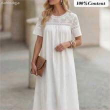 Vestido midi de mujer con cuello redondo y mangas cortas con encaje en contraste - Blanco - Ver 1