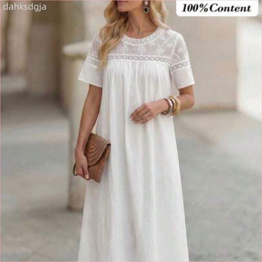 Vestido midi de mujer con cuello redondo y mangas cortas con encaje en contraste - Blanco - Ver 1