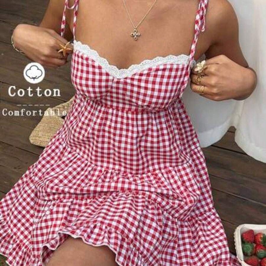 Vestido de mujer retro francés de cuadros rojos con tirantes finos, nuevo diseño de primavera temprana con encaje, favorecedora, versátil, dulce y elegante con capas - Burdeos - Ver 1