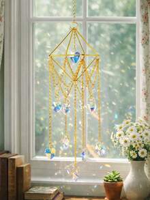 1pc Gold Evil Eye Crystal Suncatcher, Hanging Prism Rainbow Maker, Geometric Diamond Frame Hanging Decor, AB Color Crystal Suncatcher, Boho Sun And Star Crystal Window Hanging, Mystical Evil Eye Hanging Decor, Witchcraft Crystal Prism Ornament, Home Decor Aesthetic Rainbow Maker, Metal Hanging Decor With Teardrop Crystal, Spiritual Crystal Window Hanging, Starry Sun And Star Prism Hanging Decor, Window, Garden, Room Decorative Magic Catcher - Multicolor - View 3