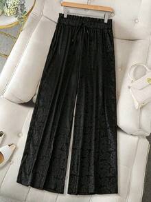 Retro Plus Size Women'S Valentine'S Day Allover Print Woven Wide Leg Pants, Regular Fit Casual Trousers, Summer, Rave, Spring Break, Boho Fall Cloth For Women Capri For Women Beach Outfit For Woman Y2K Clothing Women - 黑色 - 查看 1