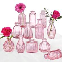 Jarrón do, jarrones de brote, juego de 12, pequeños jarrones de vidrio para flores, moderno jarrón de vidrio acanalado para decoración, florero de boda, decoración clásico a granel, centros - Rosa - Ver 2
