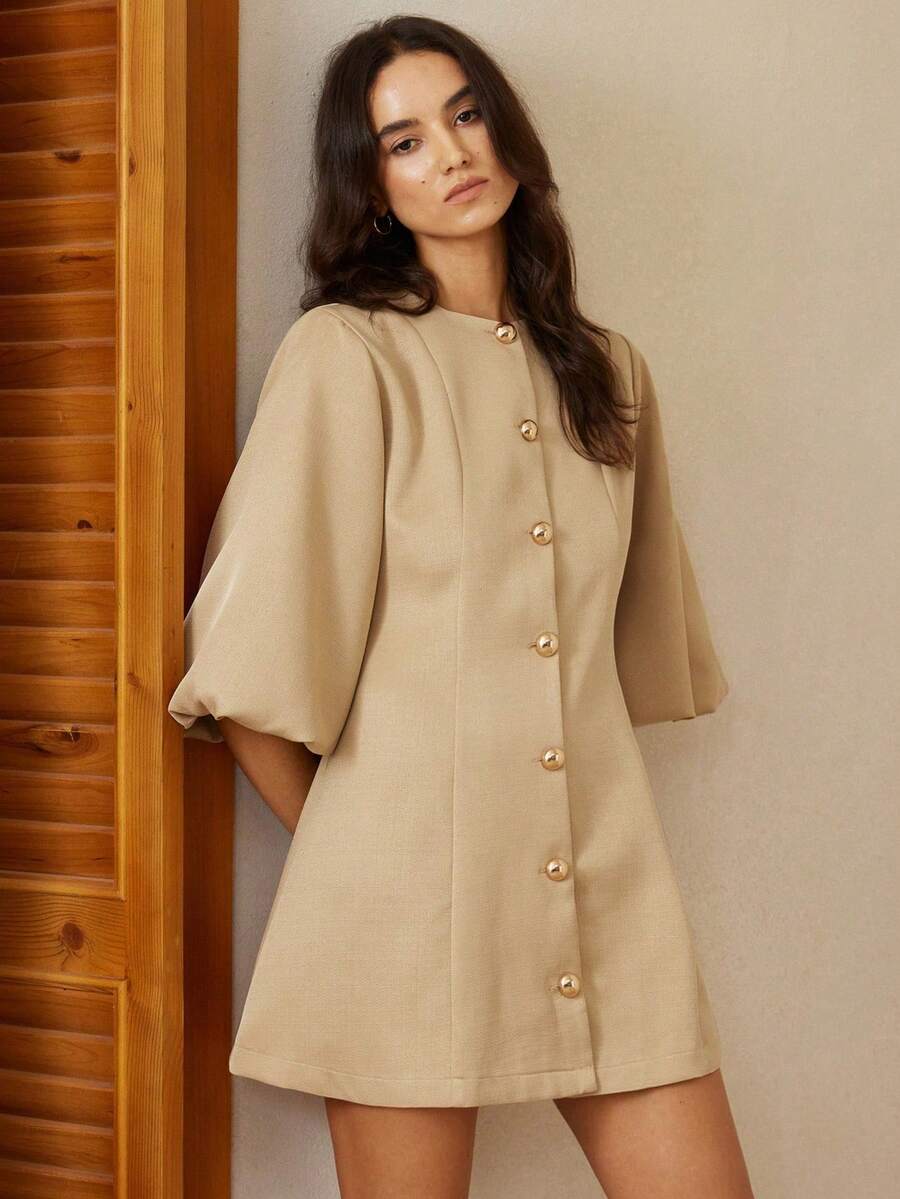 Vestido de punto de espiga con mangas de linterna, diseño elegante y versátil de alta gama - Caqui - Ver 1
