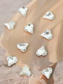 10Pcs 3D Heart Shaped Crystal Rhinestone Nail Art Charms, Shiny Flat Back Heart Nail Gems For DIY Manicure & Salon Decor - White - View 6