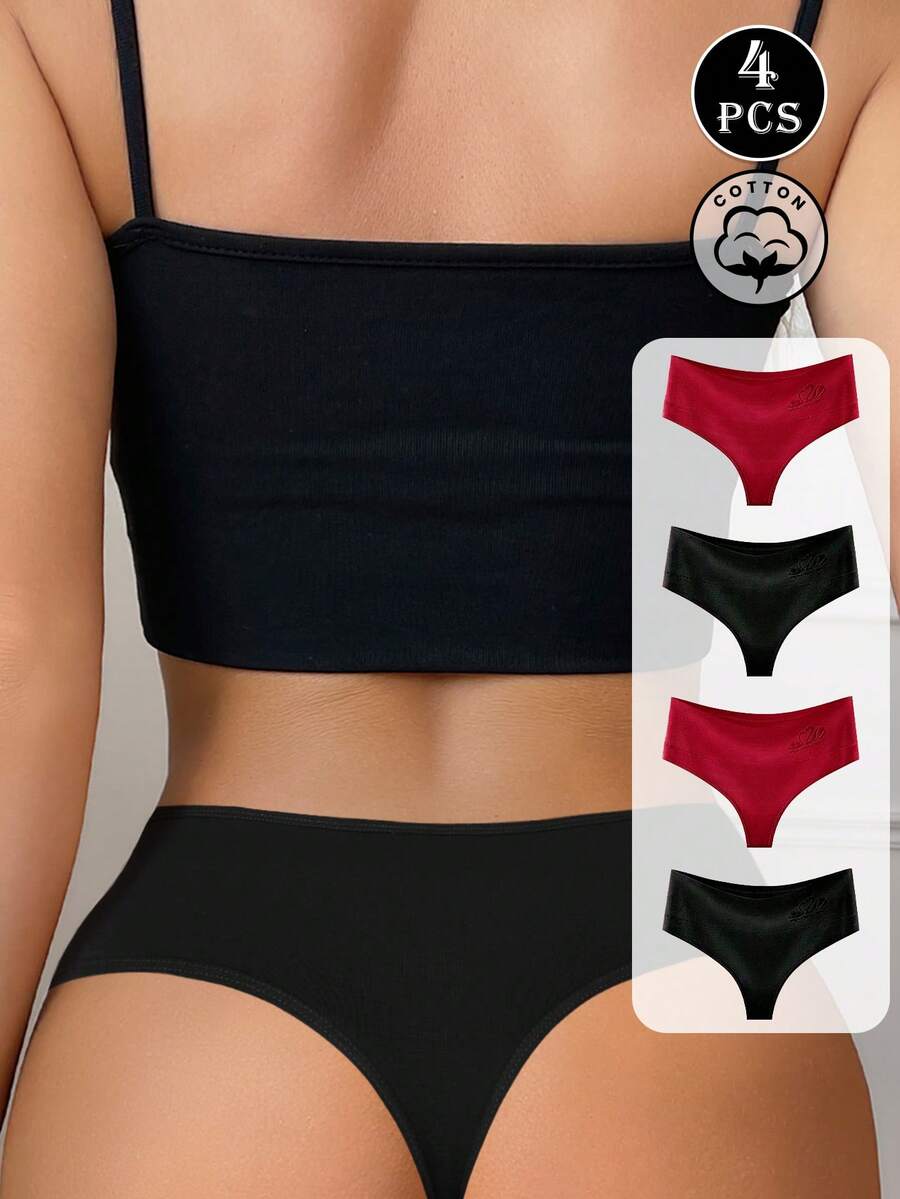 4 piezas de tangas de algodón de cintura alta con relieve de unicolor para mujer, ropa interior casual cómoda y minimalista para mujer, lencería elástica suave y transpirable para mujer