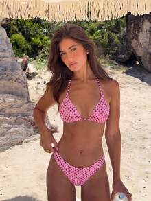 Ensemble de maillot de bain bikini deux pièces sexy pour femmes, col licou à nouer, rose à pois, pour vacances à la plage, maillot de bain femme col licou à nouer dans le dos, maillot de bain de plage élégant et décontracté pour femmes, fabriqué en tissu haute élasticité, tenue de villégiature - Multicolore - Voir 2