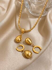 Conjunto de pendientes y collar de acero inoxidable chapado en oro de 18K con gota de agua lisa, collar de mujer, pendientes de mujer, joyería de acero inoxidable, joyería chapada en oro, adecuada para uso diario, citas, vacaciones, fiesta de graduación, Día de la Madre, joyería de playa, joyería de verano, joyería de estilo bohemio - Multicolor - Ver 7