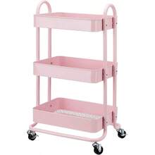 3-Tier Rolling Kitchen Cart White Rolling Utility Cart With Wheels Storage Organizer For Home Office - Dusty Pink - View 2