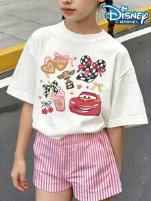 Disney Cars Lightning McQueen T-Shirt, McQueen Paired With A Trophy, Checkered Bow Tie, Cherries, Energetic And Casual Top Print Pattern Summer Tops,Short-Sleeved Casual And Cute Style  Children's Clothing Design, Girl Clothes For Kids Clothes ,Ropa Para Niños,Teen Girls Clothes, Summer Clothes,Boys Summer Outfits,Boys Clothes,Perfect For Cool Girls. Comfortable And Breathable Children's Short-Sleeved T-Shirt. Comfortable And Casual Wear All Year Children's Clothes,Comfortable & Lightweight, Iconic Print For Mix-And-Match Outfits,Suitable For Both Boys And Girls. - trắng - Xem 1
