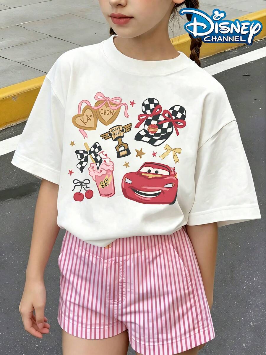 Disney Cars Lightning McQueen T-Shirt, McQueen Paired With A Trophy, Checkered Bow Tie, Cherries, Energetic And Casual Top Print Pattern Summer Tops,Short-Sleeved Casual And Cute Style  Children's Clothing Design, Girl Clothes For Kids Clothes ,Ropa Para Niños,Teen Girls Clothes, Summer Clothes,Boys Summer Outfits,Boys Clothes,Perfect For Cool Girls. Comfortable And Breathable Children's Short-Sleeved T-Shirt. Comfortable And Casual Wear All Year Children's Clothes,Comfortable & Lightweight, Iconic Print For Mix-And-Match Outfits,Suitable For Both Boys And Girls. - trắng - Xem 1