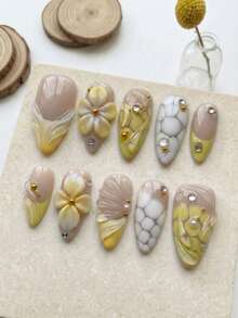 10 unhas postiças artesanais de tamanho médio em forma de amêndoa, pontas francesas com flor amarela 3D e redemoinho transparente, com decorações de nail art, removíveis e reutilizáveis, conjunto de suprimentos para unhas (inclui cola gel e lima de unhas), unhas press-on feitas à mão - Amarelo - Ver 2