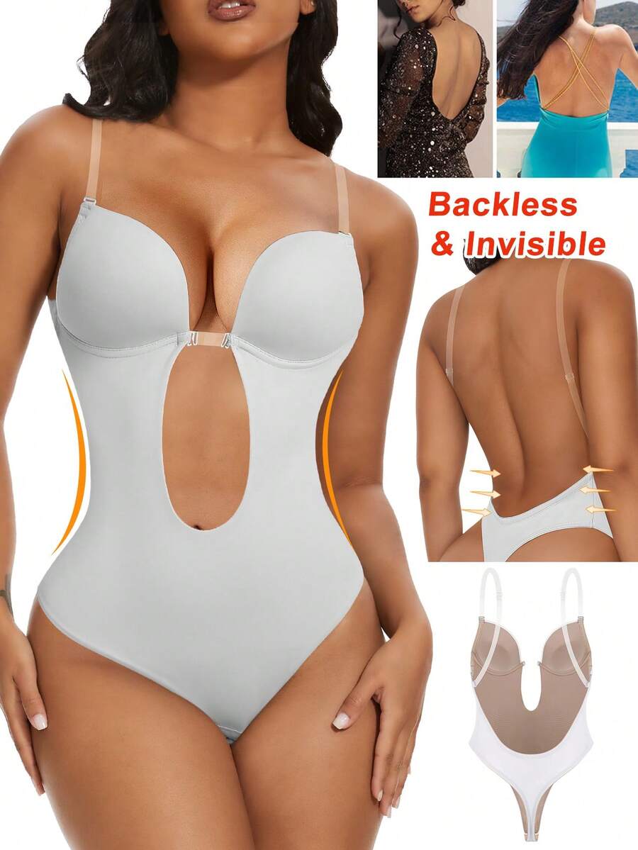 Backless Women Shapewear Bodysuit Built-In Bra U Plunge Tummy Control Slimming Body Shaper Thong Corset Lingerie Underwear Invisible Bras Sexy Deep V Push Up Under Wedding Dress - trắng - Xem 1