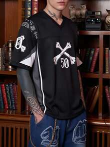 Men's Vintage Bone Print V-Neck Top - Multicolor - View 4