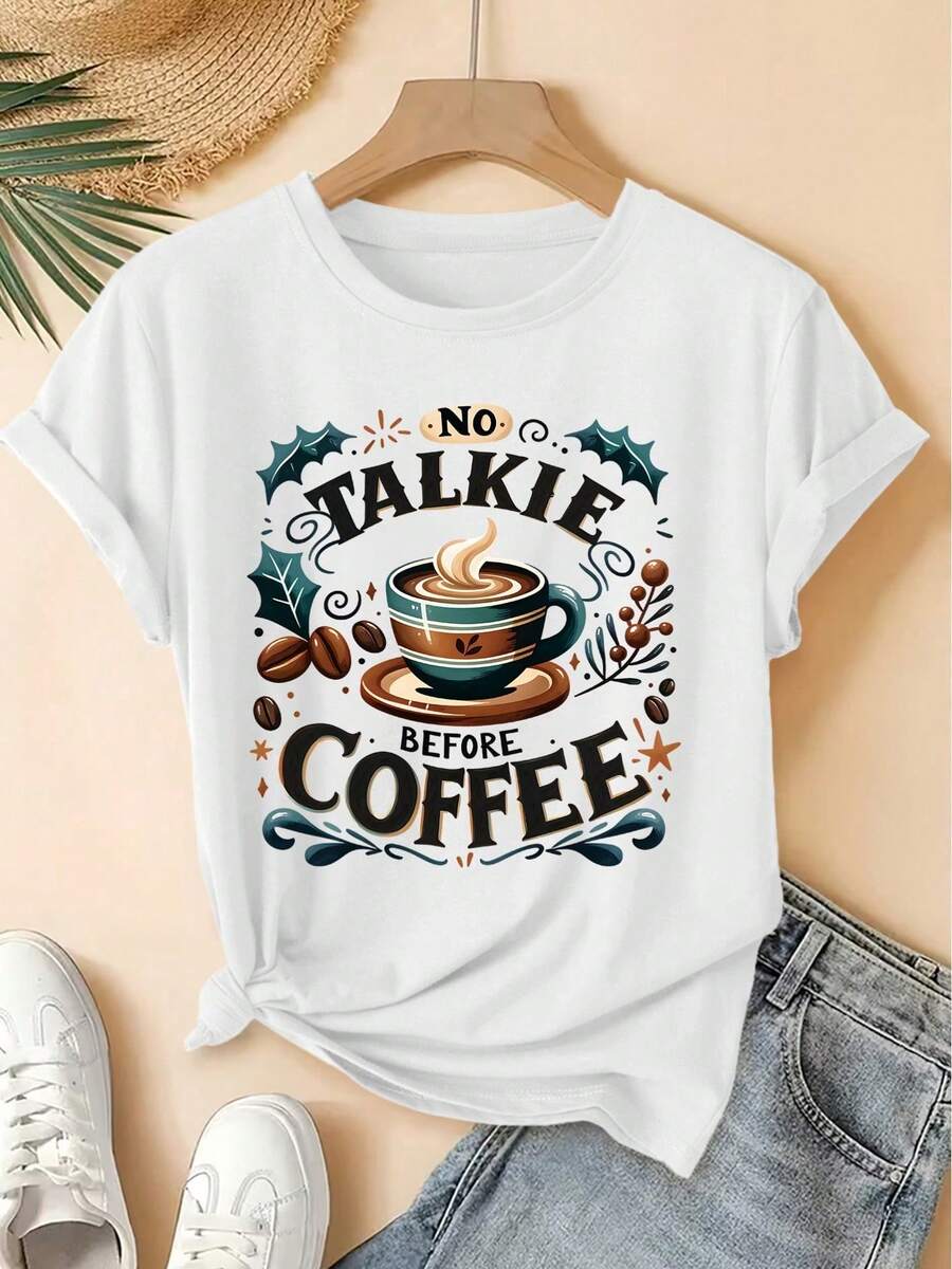 2026 Spring/Summer New Women's Crew Neck T-Shirt With Coffee Slogan Print, Short Sleeve, Vintage Distressed Style, Casual Top, Soft Fabric, High-Quality Women's Clothing | Fun And Quirky Design | Suitable For Everyday Wear In Spring, Summer, And Autumn | Relaxed Fit | Plus Sizes - 白色 - 查看 1