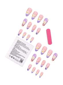 Rainbow Color Medium Almond Shape Press-On Nails, Colorful Striped Design, Summer Glossy Acrylic Fake Nails, Cute Full Coverage Nail Tips, 24pcs/Pack For Women - 彩色 - 查看 6