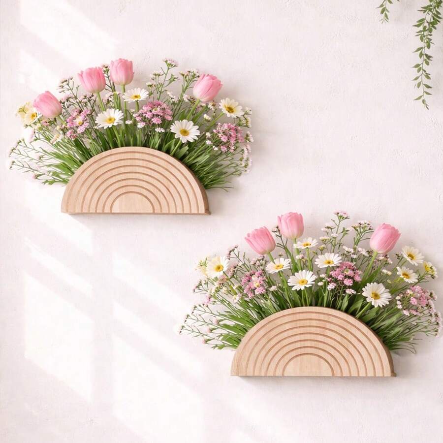 Wall-Mounted Flower Pots, Creative Semi-Circular Flower Pots, Wooden Craft Shelving Units, Home Decor, Art, For Artificial Flowers, Room Decor - A - View 1