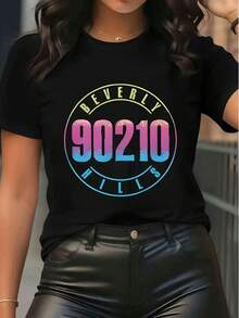 Women's Pure Cotton Short-Sleeve Graphic T-Shirt With Beverly 90210 Print - Black - View 6