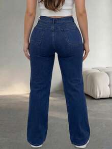 Autumn Fashion Women's Plus Size High Stretch Washed Denim Straight Leg Pants, Casual Daily Wear - Blue - View 6
