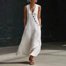 2026 New French Style V-Neck Buttoned Cotton-Linen Sleeveless Tank Dress - 白色 - 查看 5