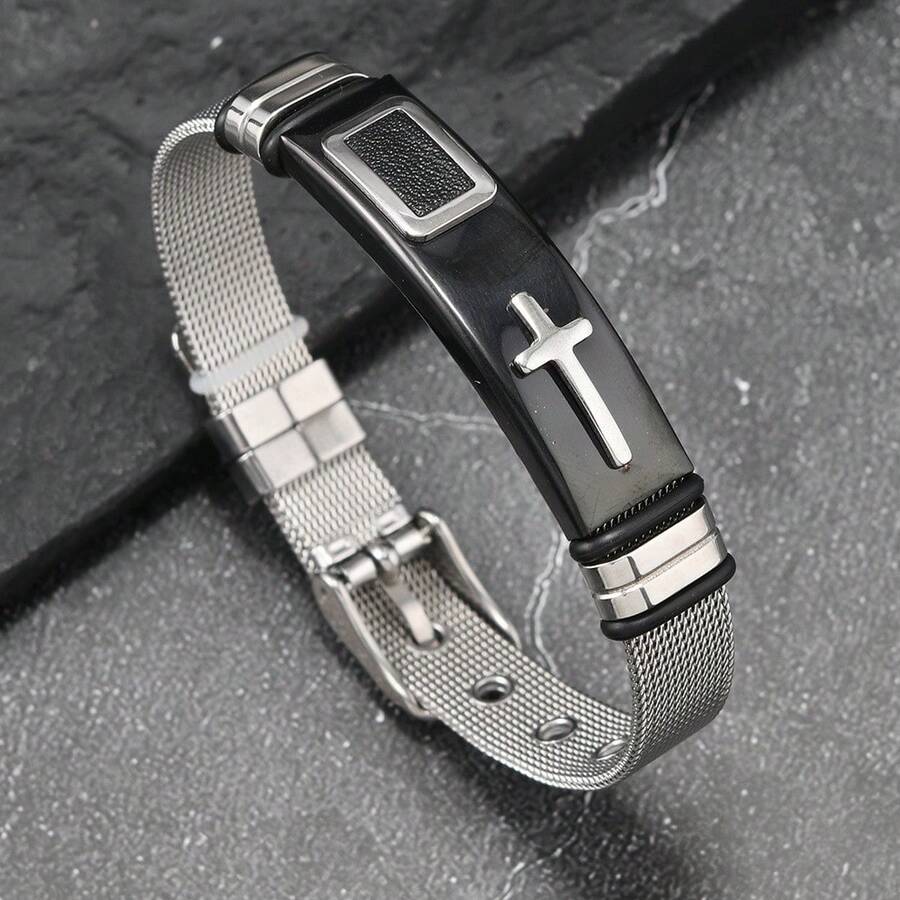 1 pieza Pulsera de acero inoxidable con baño de oro de 18K con diseño de cruz, ajustable, regalo para hombres - Negro - Ver 1