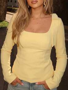 Women's Ribbed Long Sleeve Square Neck Fitted Pullover Sweater, An Ideal Choice For Casual Fashionable Looks In Autumn - Yellow - View 6