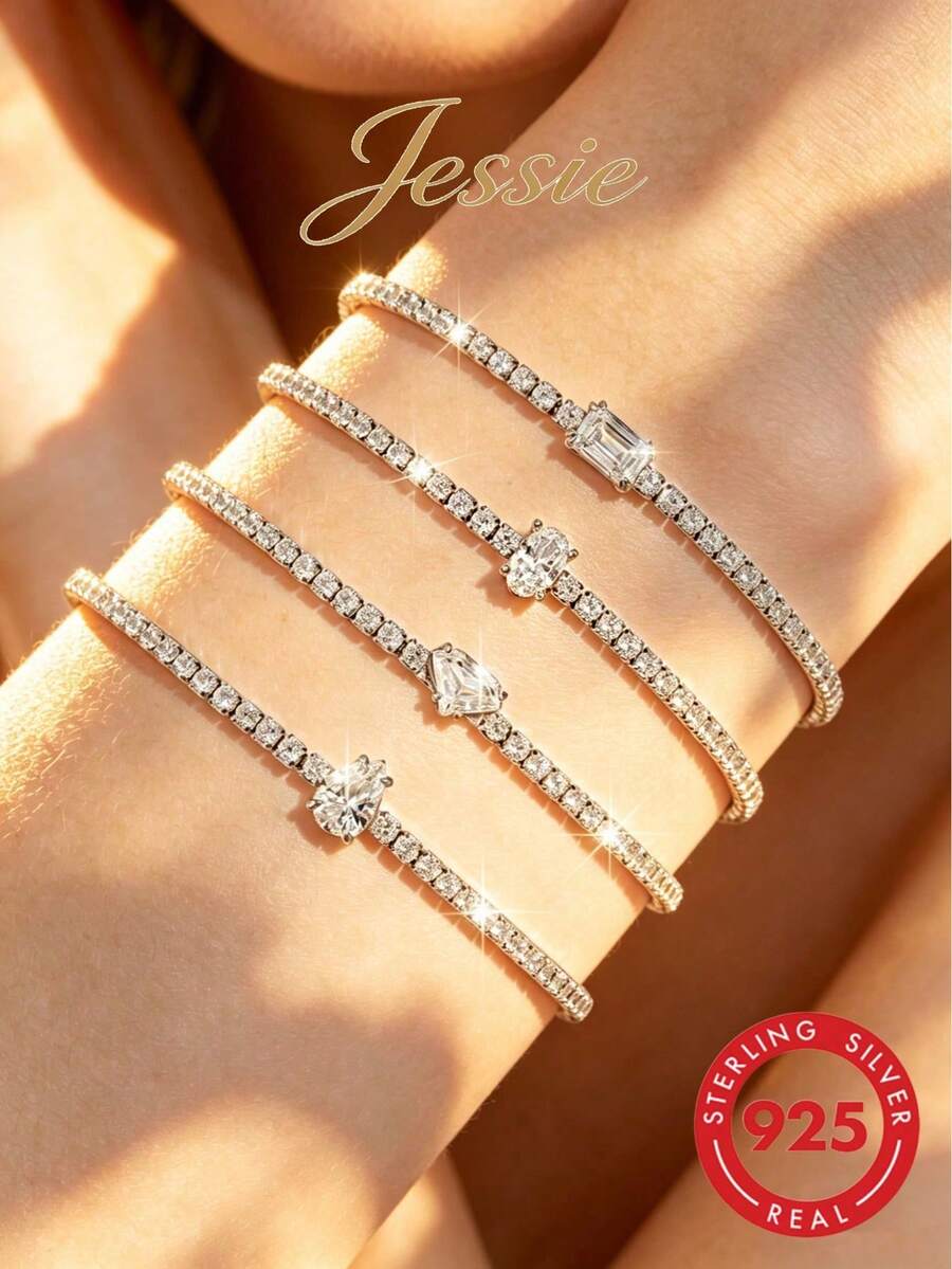 1pc Luxurious 925 Sterling Silver Square Component Arrangement Design Bracelet For Women, Date Party Banquet Gift - Silver - View 1