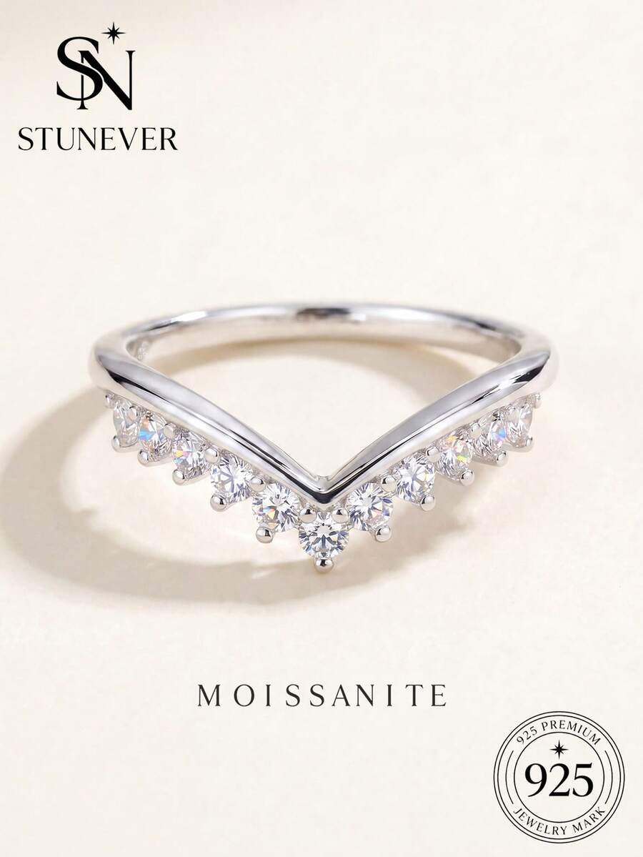 1 pieza Anillo de Diamante de Corte Redondo Minimalista Plata de Ley 925 Chapado en Oro Blanco Joyería de Lujo Regalo de Compromiso Boda Cumpleaños Aniversario - Plateado - Ver 1
