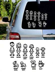 1pc Family Member Stick Figure Car Sticker, Waterproof Vinyl Material, Family Children Pet Print, Classic Minimalist Style, Car Rear Window Decoration - Multicolor - View 1