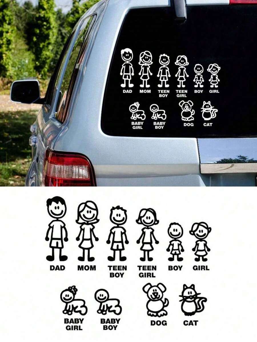 1pc Family Member Stick Figure Car Sticker, Waterproof Vinyl Material, Family Children Pet Print, Classic Minimalist Style, Car Rear Window Decoration - Multicolor - View 1