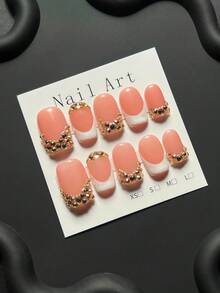 Handmade Press On Nails, 10Pcs Pink French Tip Fake Nails With Gold Rhinestone Charms, Short Square Nails, Nail Art, Summer Nails, Y2K, 3D Nails,Square Acrylic Nails, Reusable False Nails For Bridal/Wedding/Party - Pink - View 7