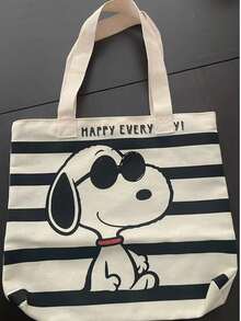 SNOOPY 1个史努比条纹帆布手提袋，大容量通勤休闲旅行手提包，可爱百搭的礼物，适合学生、返校、生日、情人节、母亲节等场合。 - A - 查看 12
