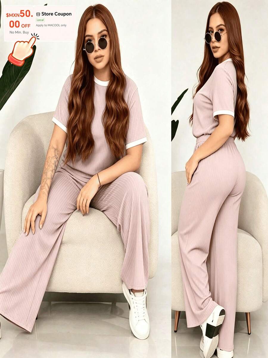Comfort And Style In One Outfit! Upgrade Your Look With Our 2-Piece Set: A Ribbed Top And Super Comfortable Pants. Available In Various Colors. Women's 2-Piece Casual Set: Short-Sleeve Crew Neck Top And High-Waisted Loose Wide-Leg Pants - Ribbed Textured Loungewear Set For Summer And Yoga - Pink - View 1
