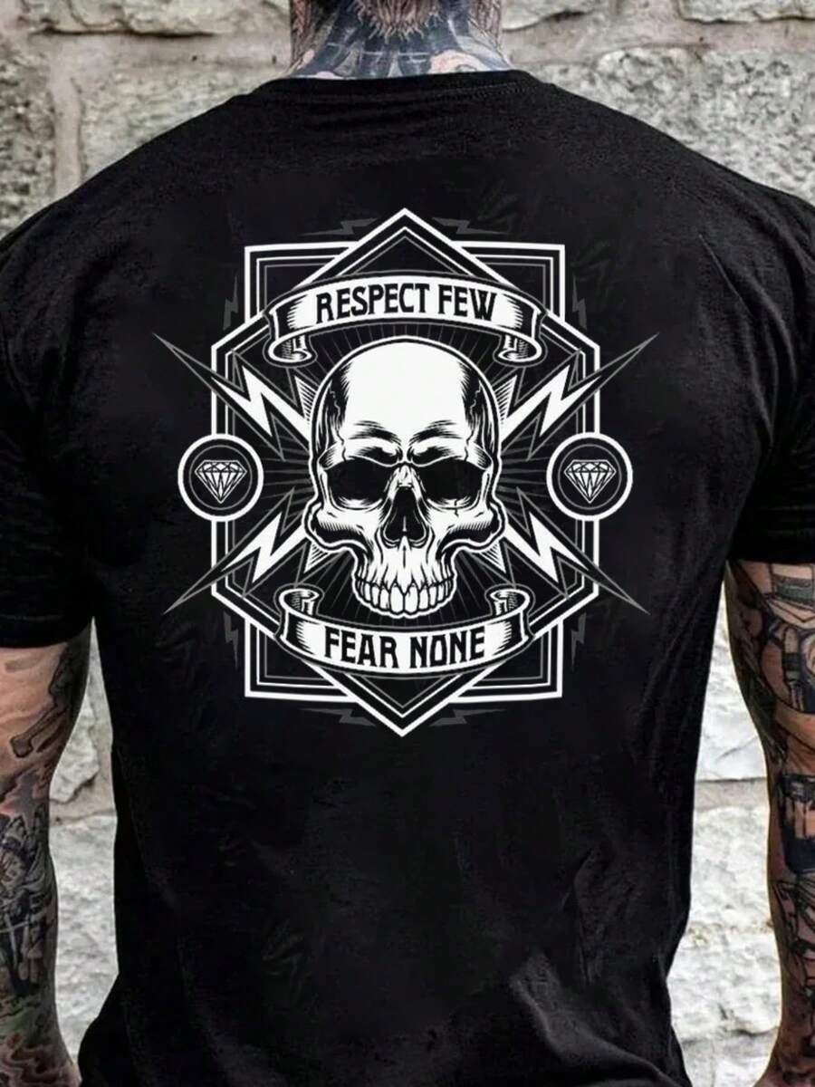 Camiseta de Talla para Hombre - Algodón Estilo Urbano Y2K, Estampado de Calaveras y Letras, Ropa Casual, Opción de Regalo Perfecta - Lavable aáquina, Cuello Redondo, Manga Corta, Id - Negro - Ver 1