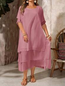 Vestido casual de talla, cuello redondo, sin botones, bajo asimétrico y fluido, estilo bohemio, adecuado para primavera y verano - Rosa - Ver 1