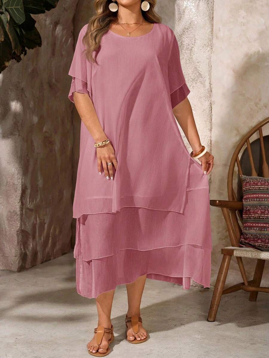 Vestido casual de talla, cuello redondo, sin botones, bajo asimétrico y fluido, estilo bohemio, adecuado para primavera y verano - Rosa - Ver 1