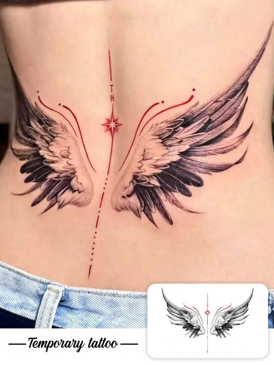 1pc Black And White Gradient Angel Wings Line Star Pattern Tattoo Sticker, Temporary Tattoo Sticker, Simulated Tattoo Design, Suitable For Travel, Music Festival, Games, Graduation Gifts, Lasts For 3-5 Days - 彩色 - 查看 1