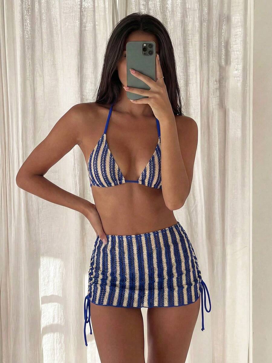 Swim Mod Bikini de 3 piezas con tapa triangular de cuello halter, estampado de leopardo y sarong con lazos laterales para mujeres - azul real - Ver 1