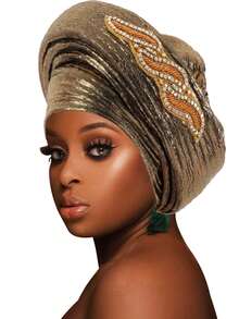 1pc African Gele Style Turban, Shiny Velvet Rhinestone Embellished Head Wrap Cap - F - View 18