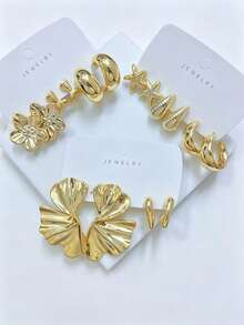 4/16PCS Fashionable Elegant Small C-Hoop Geometric Multi- Gold Metallic Earring Set, Women's Fashion Earring Set, Daily Wear, (Lightweight CCB Material, Non-Fading/No Ear-Pulling Sensation) - Gold - View 3